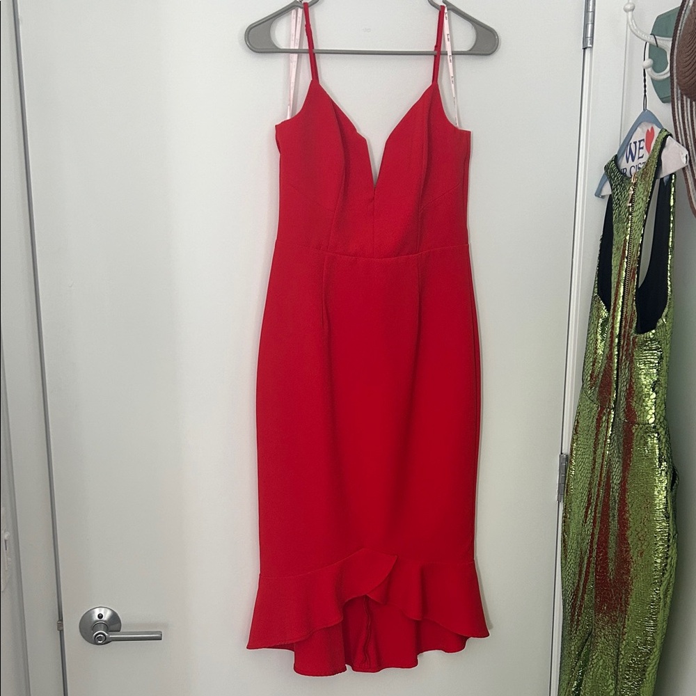 Bardot Red V-Neck Spaghetti-Strap Midi Dress with Ruffle Hem